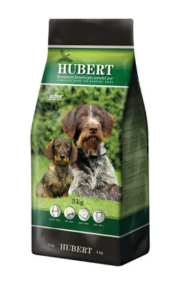A bag of Hubert dog food with two dogs on the front.