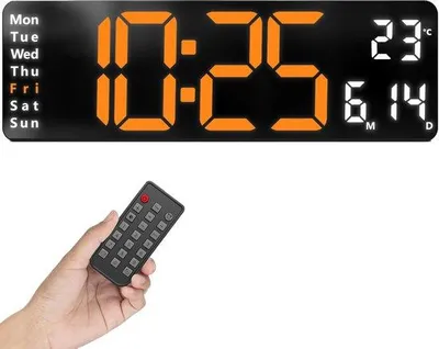 Obrázek produktu pro Velkoplošné digitální nástěnné hodiny s ukazatelem teploty a tichým LED displejem v oranžové a bílé barvě.