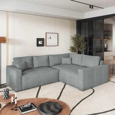 Produktbild von Masseno Ecksofa ERONIS R-S mit Schlaffunktion L-Form, Sofa mit Bettkasten, Wohnzimmersofa, Couch, Soffa, Bettsofa, Couchgarnitur- Hellgrau, POSO 55