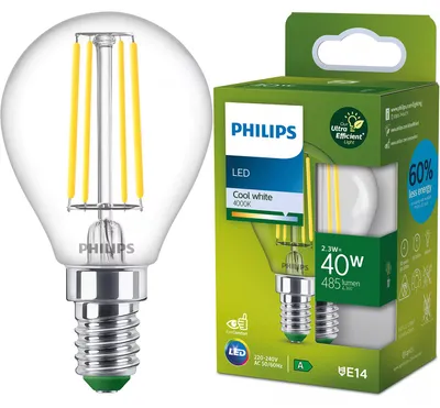 Zdjęcie produktu dla Philips Przezroczysta żarówka LED Filament 40 W P45 E14, 2,3 W, 40 W, E14, 485 lm, 50000 h
