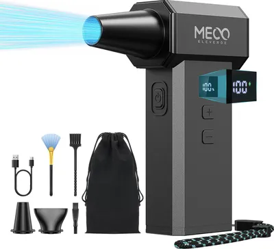 A black electric air duster with blue light emanating from the nozzle, shown with accessories and a storage bag against a white background.