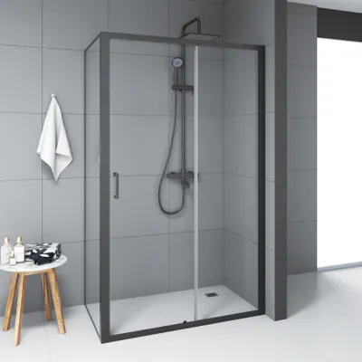 Immagine prodotto di Cabina doccia 80x120 Marwell vetro Factory ingresso frontale, nero, 80 x 120 x 200 cm - Cabina doccia con telaio in alluminio nero opaco - Cabina doccia con porta scorrevole