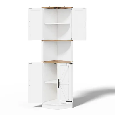 Produktbild von Merax Eckschrank Hochschrank mit 5 Fächern und Türen, Vintage-Küchenschrank mit Kippschutz, platzsparender Eckschrank im Landhausstil, Weiß-Holzoptik