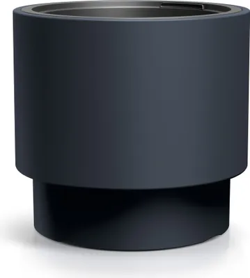 A dark gray cylindrical planter pot with a stepped base, shown in a studio setting against a white background.