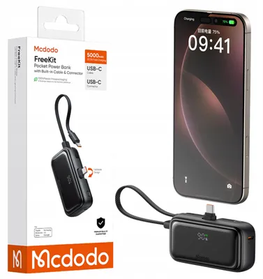 Produktbild von Mcdodo – Powerbank FreeKit Series mit integriertem USB-C-Kabel und Anschluss, 5000 mAh, 22,5 W – schwarz