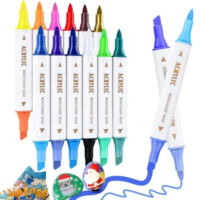Produktbild von Acrylstifte Set 12 Stück Dual Brush Tip Marker für Stein Stoff Glas Holz Papier 24 Farben