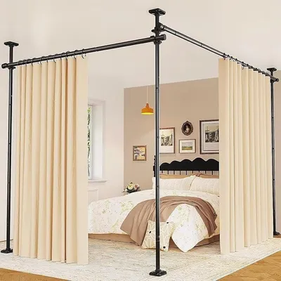 Produktbild von Raumteiler ohne Bohren, Raumtrenner 122–305 cm H, 77–354 cm B, Raumteiler Paraventgestell Gardinenstange, Verstellbarer Paravent Ohne Vorhang für Wohnzimmer, Schlafzimmer oder Büro, Schwarz