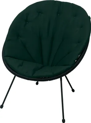 A dark green cushion on a black metal frame chair with thin legs.