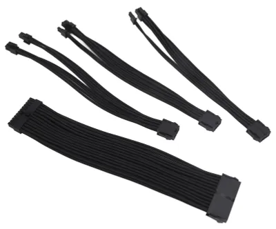 Obrázok produktu pre 4 ks predlžovacích napájacích káblov 18 AWG, 30 cm, v nylonovom opláštení, 24-pinový ATX, 4+4-pinový CPU, 6+2-pinový PCIe GPU, predlžovací napájací kábel s rozbočovačmi, čierny