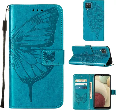 Produktbild von Galaxy A12 Hülle, Schmetterling Prägung Flip Leder Kartenfächer Schutzhülle Ledertasche mit Ständer für Samsung Galaxy A12 Blau