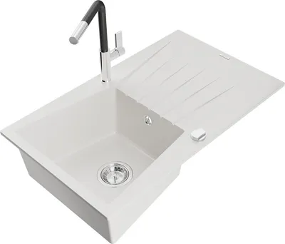 Produktbild von Mexen Cesar 1 Becken-Granitspüle mit Abtropffläche und Mischbatterie Flora, Weiß - 6514-20-670401-07