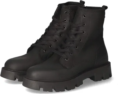 A pair of black lace-up boots on a white background.