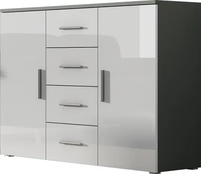 Produktbild von Furniture24 Kommode Uni - SOHO Sideboard mit 4 Schubladen, 2 Türen Grau/Weiß Hochglanz