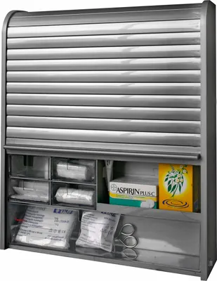 Produktbild von Medizinschrank 48x42x10 cm mit Jalousie, Kindersicherung und 14 Fächern