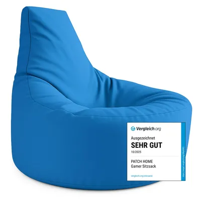 A blue beanbag chair with a review badge attached.