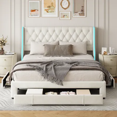 Image de CDGlobal Lit rembourré Lit double 160x200 cm avec 3 tiroirs de rangement, éclairage LED, lit avec espace de rangement et tête de lit, lit de rangement avec sommier à lattes en bois, velours, beige
