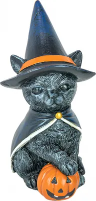 Produktbild von Katzenfigur mit Hexenhut & Kürbis als Halloween Deko 15cm