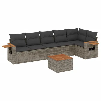 Produktbild von 7-tlg. Gartenmöbel-Set, modulare Sofagarnitur mit Akazienholz-Tisch, Grau PE-Rattan, UV-beständig, 13 Kissen mit waschbaren Bezügen