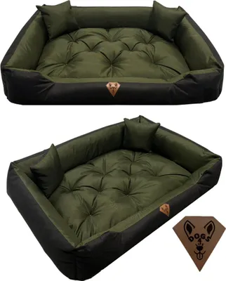 Two views of a dog bed, one from a slightly elevated angle and another from a straight-on perspective. A diamond-shaped logo with a dog's face is visible on the front of the bed in both views, and also separately in the bottom right corner.