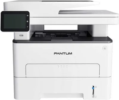 A white Pantum M7310DW multifunction laser printer is shown from the front.