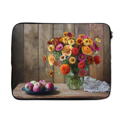 Produktbild von MuchoWow® Laptop Hülle 17 Zoll Laptoptasche Stilleben - Blumenstrauß - Apfel - Zipper - Schutzabdeckung