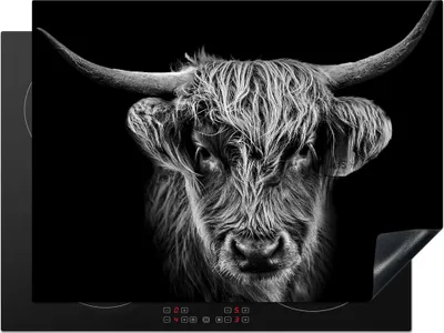 Produktbild von KitchenYeah© Herdabdeckplatte Schottischer Highlander - Schwarz - Kuh - Tiere , 70x52cm, Küche Deko, Glaskeramikkochfeld Herdabdeckung, Abdeckplatte fùr Kochfeld
