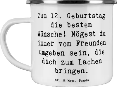 Produktbild von Mr. & Mrs. Panda Haferl Spruch 12. Geburtstag Wünsche - Weiß - Geschenk, Kaffeepott, Geburtstagsgeschenk, Happy Birthday, Pott, Emaille Tasse, Geburtstagsfeier, Freude