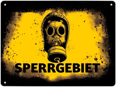 Produktbild von Sperrgebiet Metallschild XL in 21x28 cm mit Gasmaskenmotiv in gelb