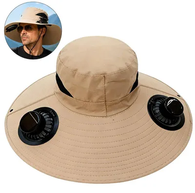 Produktbild von Solar Ventilator Hut, wasserdicht, 2 Solar Ventilatoren, 3 Stufen, USB aufladbar, breite Krempe, 340 g, Grau – für Angeln, Wandern
