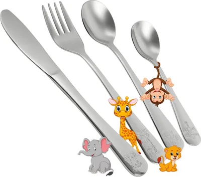 Produktbild von Nirosta Kinderbesteck Safari, hochwertiges Essbesteck für kleine Hände, Besteck aus rostfreiem und hochwertigem Edelstahl, Servierbesteck mit ergonomischer Form (Farbe: Silber), Menge: 1 x 4er Set