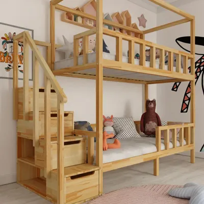 Zdjęcie produktu dla Łóżko piętrowe ze schodami i z konstrukcją do sufitu FILIP - 200x90cm