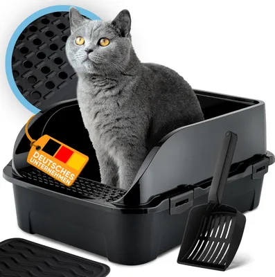 Produktbild von CROPLAS Katzenklo offen hoher Rand, Katzenklo ohne Deckel, Katzentoilette offen mit Katzenklo Matte und Katzenklo Schaufel Cat Litter Box, Schalentoilette Katze, Katzen klo, schwarz