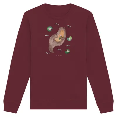 Produktbild von Mr. & Mrs. Panda Baumwoll Pullover Otter Seerose Größe M - Burgundy - Geschenk, Fluss, Seeotter, Pulli, Sweatshirt, glücklich, Wasser, Sweater