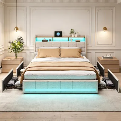 Image de Lit coffre INONEFT 140x200 cm avec espace de rangement, lit pour adolescents avec 4 tiroirs, ports USB et Type-C, lit double avec sommier à lattes et éclairage LED, en lin, couleur beige
