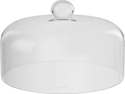 A clear glass cloche with a round handle on top, presented on a white background.
