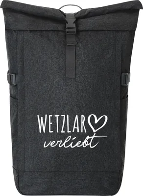 Produktbild von Huuraa Kurierrucksack Wetzlar verliebt 30-44 Liter Black Melange Fairtrade Rolltop Rucksack Geschenkidee