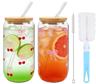 Image de Ensemble de 2 verres à boire – Verres avec paille et couvercle – Inclus une brosse de nettoyage – Verre transparent – Idéal pour les cafés glacés/cocktails – Verres à cocktails