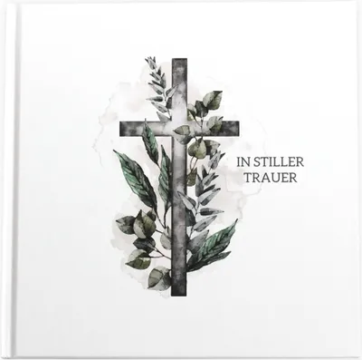 Produktbild von Kondolenzbuch ‚Kreuz Blätter - In Stiller Trauer‘ Weiß, Grau, Grün 21 x 21 cm, 144 Seiten weißes Papier blanko Trost Trauer Beerdigung