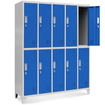 A tall, gray-blue locker unit with ten individual compartments, arranged in two rows of five. One of the top right compartments is open.