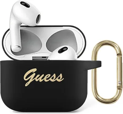 A black case for Apple AirPods 3 with white AirPods inside, and a gold carabiner clip attached to the side.