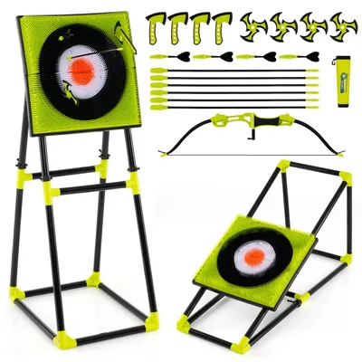 Produktbild von KOMFOTTEU Axt Wurfspiel Set, Wurfäxte Spiel mit Zielscheibe, 4 Äxten, 4 sternförmigen Dartpfeilen, 4 Dartpfeilen, Bogenschießen Set mit Bogen & 6 Pfeilen für Kinder & Erwachsene