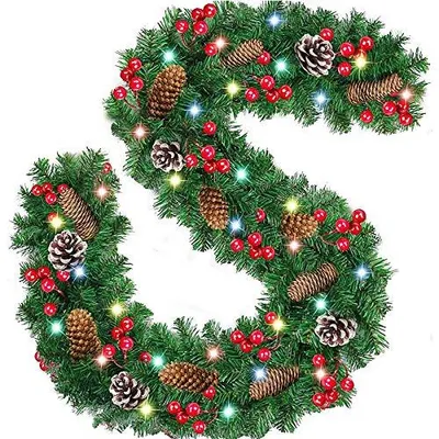 Weihnachtsgirlande 2,7 m mit roten Blumen und LED-Lichtern