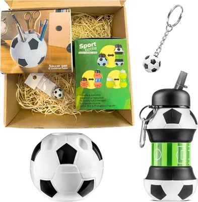 Produktbild von Fußballspieler-Set - Klappbarer Bidon + Schreibtischhalter + Fußball-Schlüsselanhänger