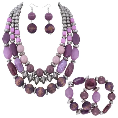 Image de Collier et boucles d'oreilles en perles, ensemble composé de trois rangs