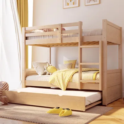 Immagine prodotto di Letto a castello in legno, dimensioni 90x200 cm, con letto estraibile trasformabile in due letti singoli, dotata di sponde di sicurezza, scaletta e rete a doghe, con capacità di carico fino a 120 kg, finitura in legno