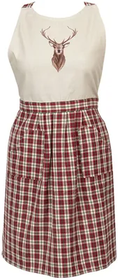 Produktbild von Unyqoos® Clayre & Eef Küchenschürze Baumwolle 70×85 cm – Rot/Beige mit Hirschmotiv, Landhausstil (Cosy Lodge), verstellbar, Taschen, waschbar