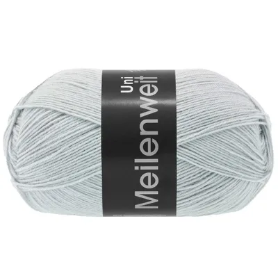 A ball of light blue yarn with a black label around it.