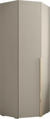 A corner wardrobe in a light gray color with a gold accent.