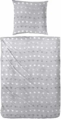 Produktbild von Hahn Feinbiber Bettwäsche Wellen Sterne 100% Baumwolle Knopfleiste Bettbezug Kissenbezug Bettgarnitur Bettwäsche-Set Bettzeug 135x200 cm Hellgrau