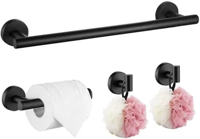 Produktbild von PromoHome® 4-teiliges Badezimmer-Accessoire-Set – Handtuchhalter 30 cm, Toilettenpapierhalter und 2 Bademantelhaken – Wandmontage